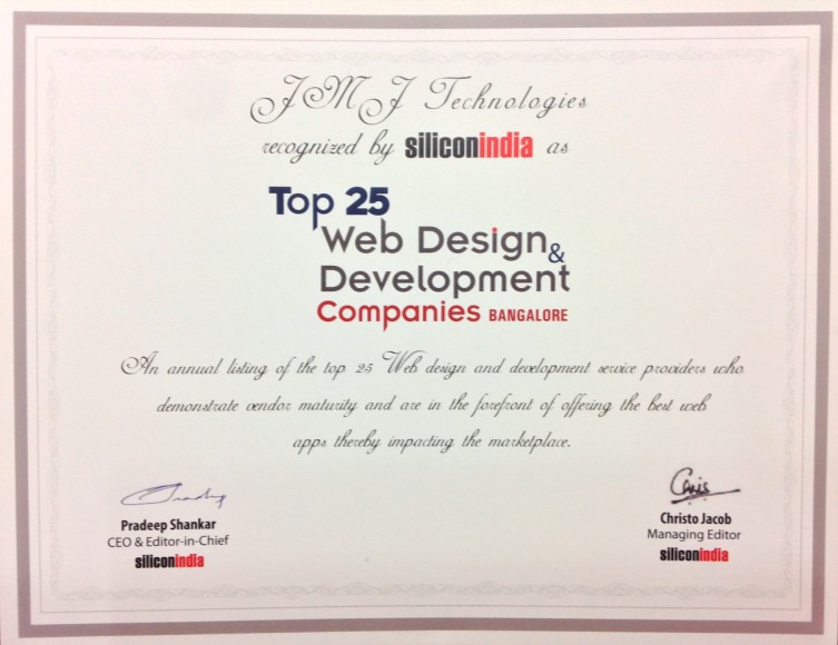 Silicon India recognized JMJ Technologies as among the top 25 web design and development companies in Bangalore